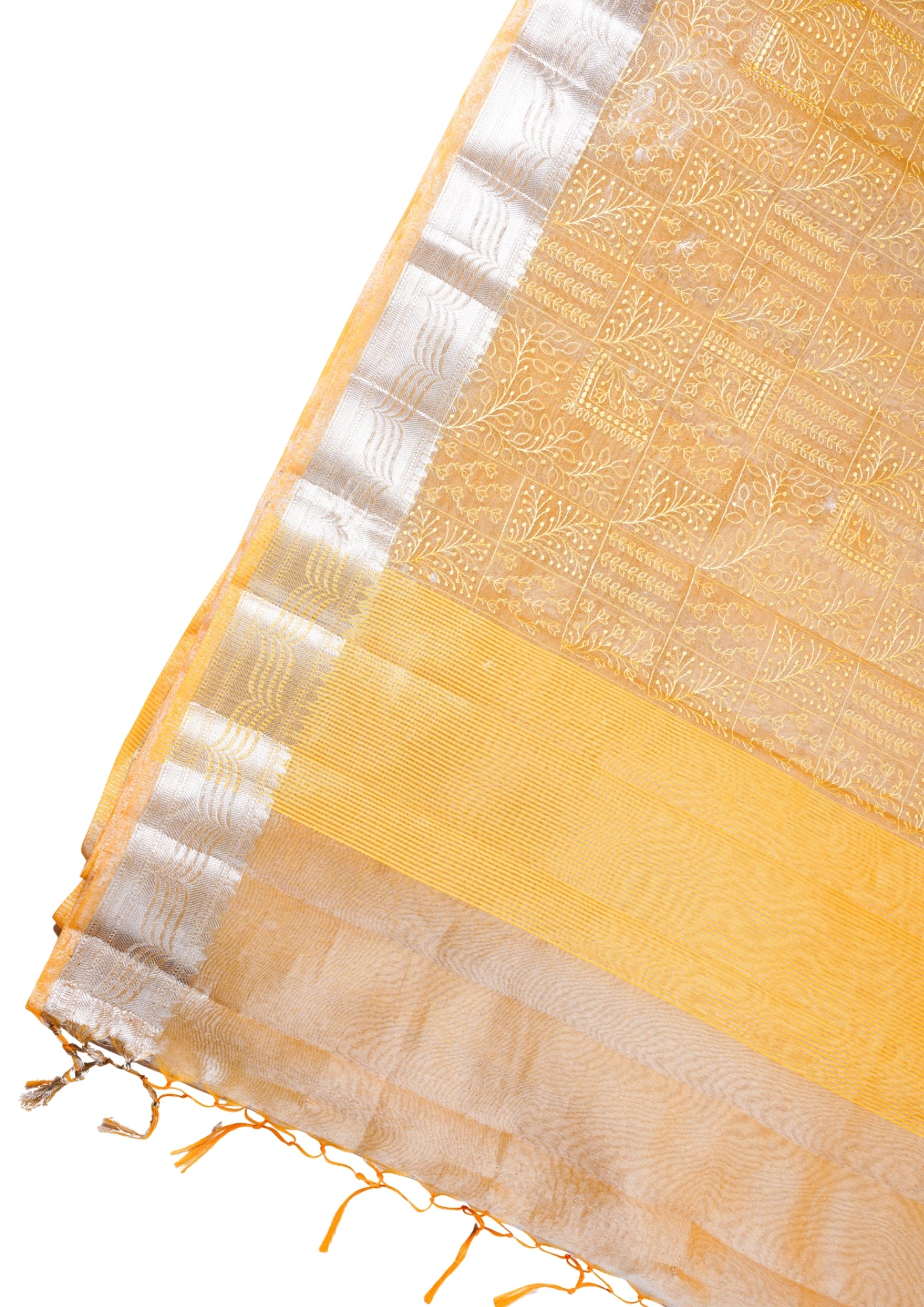 Golden Yellow Tissue Silk Saree with Chikankari Embroidery
