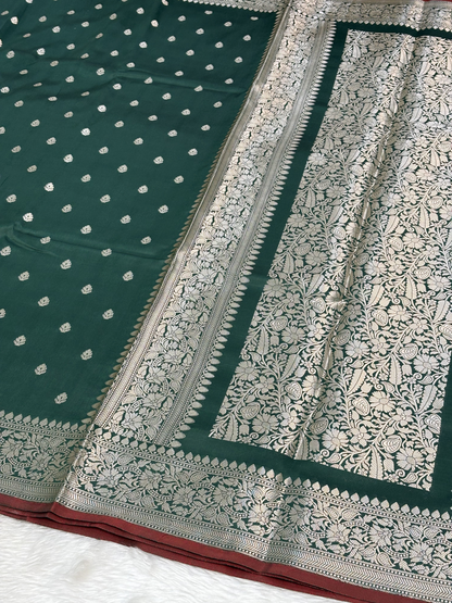 Forest Emerald Green Katan Silk Banarasi Buti Saree