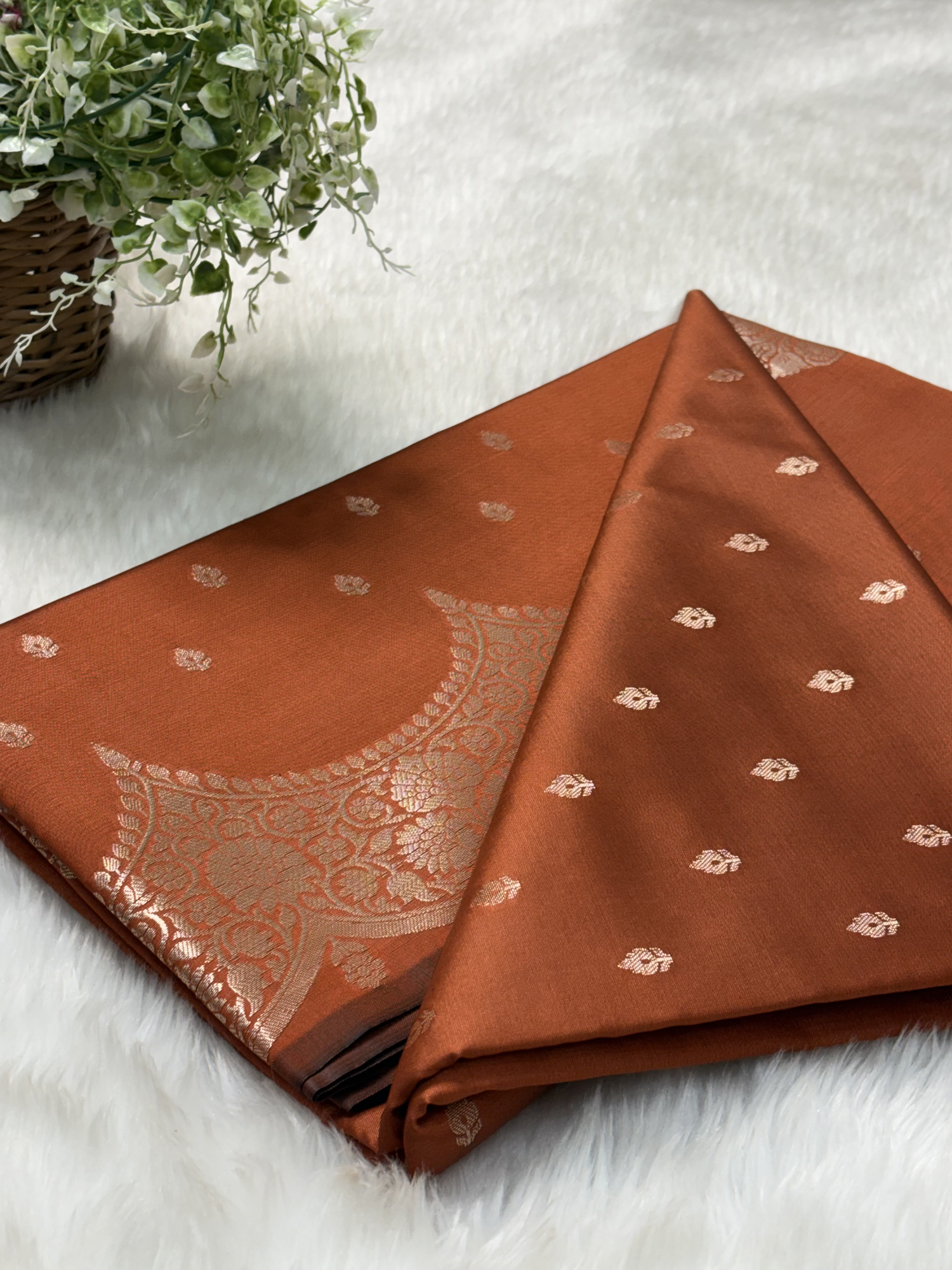Burnt Tangerine Orange Scallops Border Banarasi Katan Buti Saree