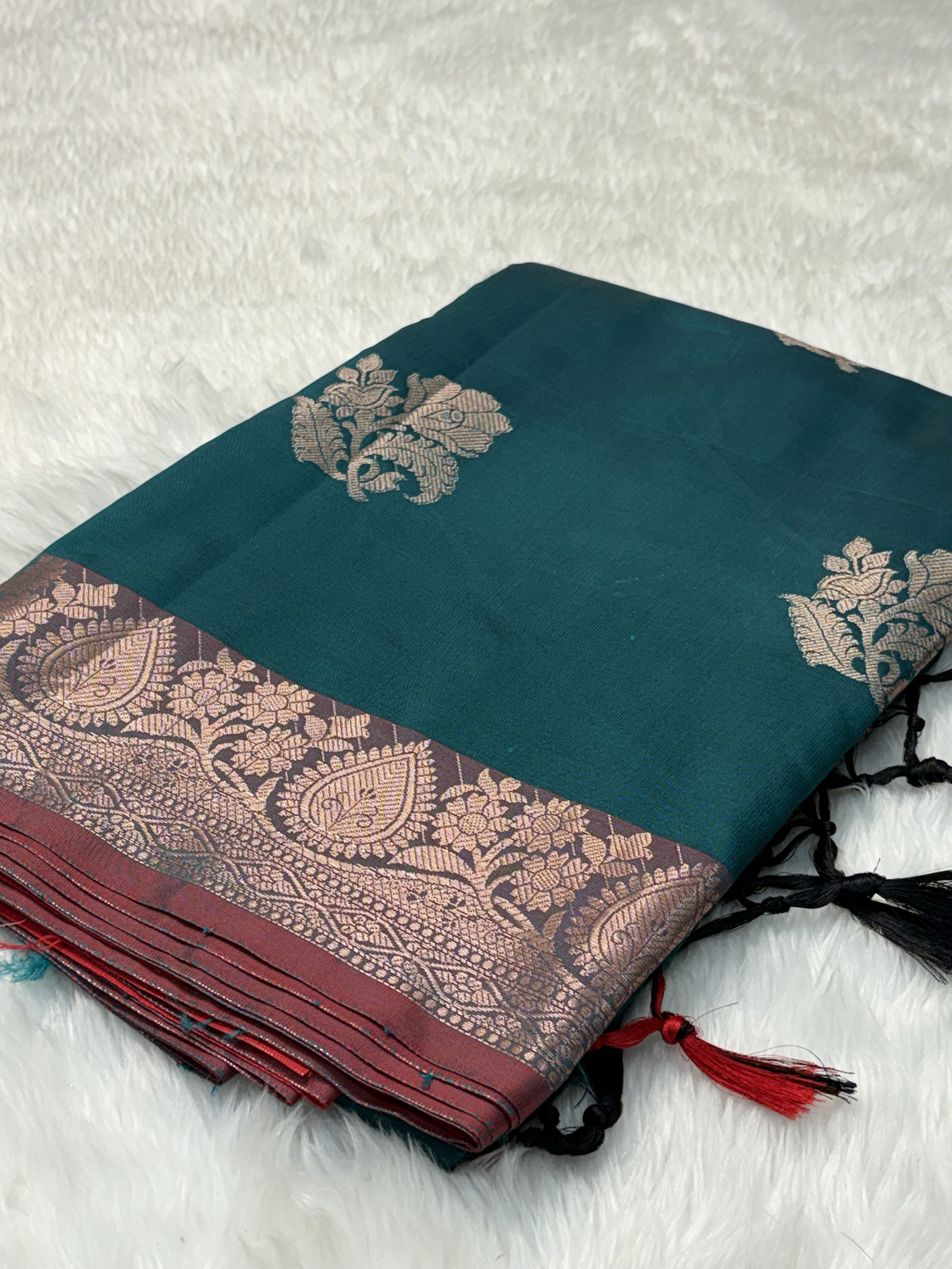 Deep Teal Blue Soft Banarasi Katan Silk Buta Saree