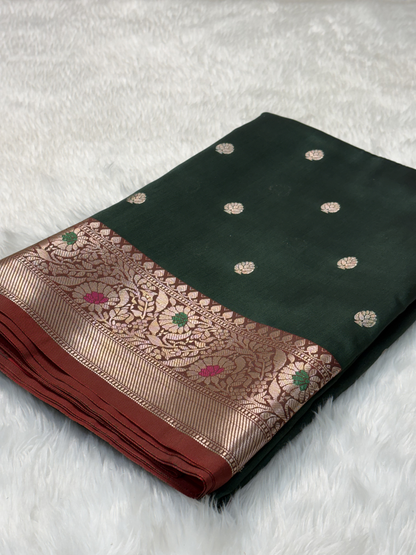 Deep Forest Green Banarasi Minakari Border Katan Silk Buti Weaving Saree