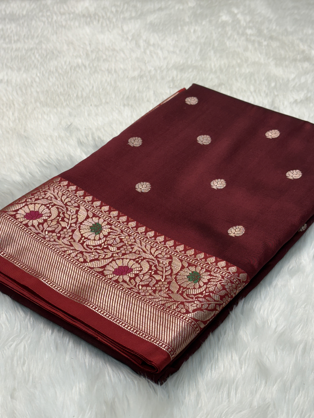 Vintage Ruby Red Banarasi Minakari Border Katan Silk Buti Weaving Saree