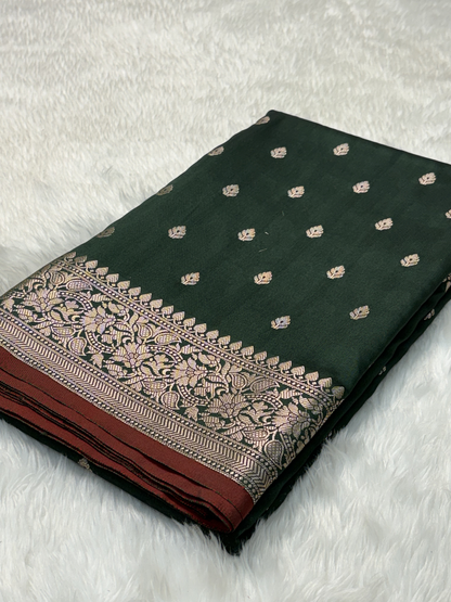 Forest Emerald Green Katan Silk Banarasi Buti Saree