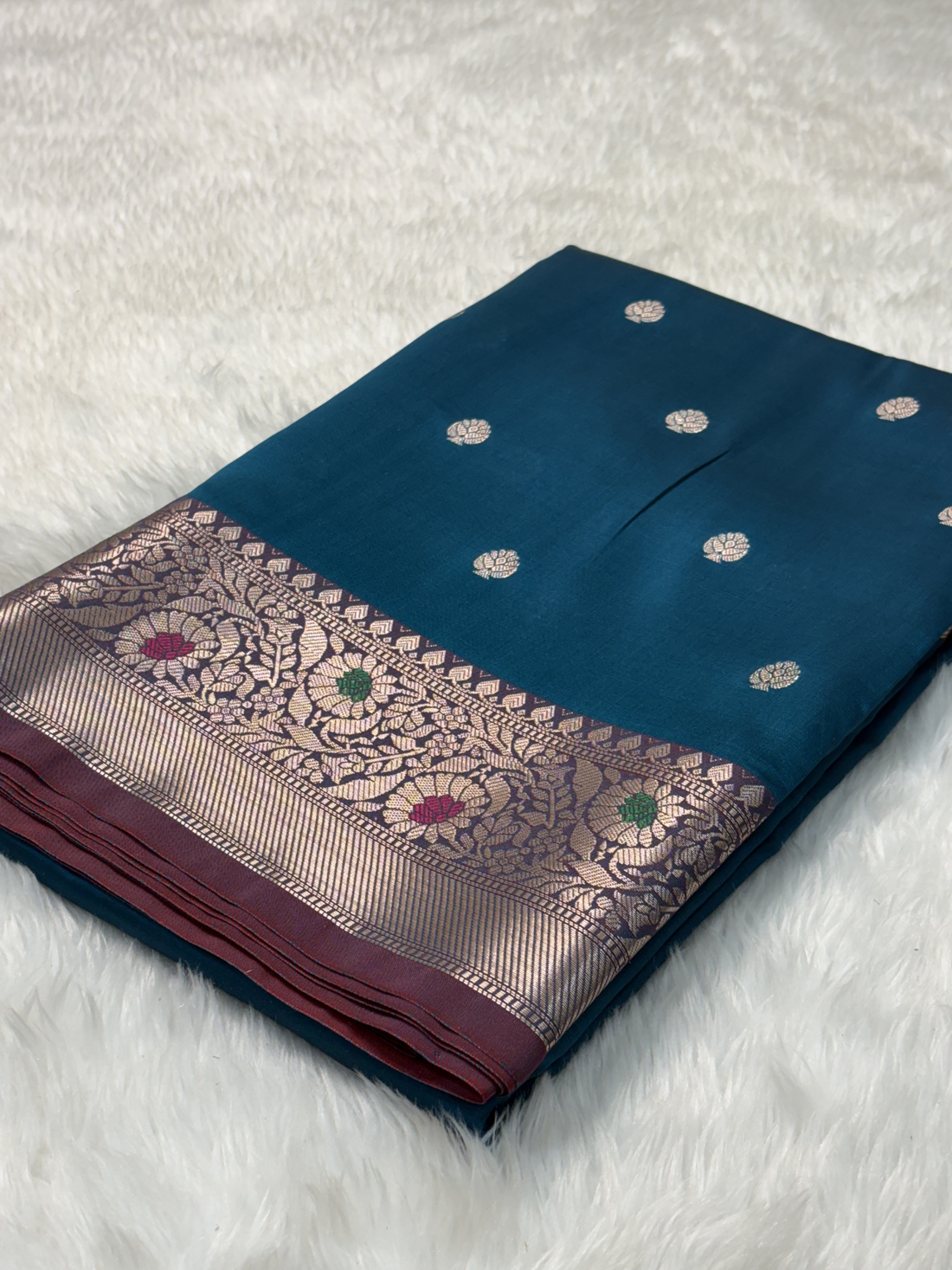 Ocean Teal Blue Banarasi Minakari Border Katan Silk Buti Weaving Saree
