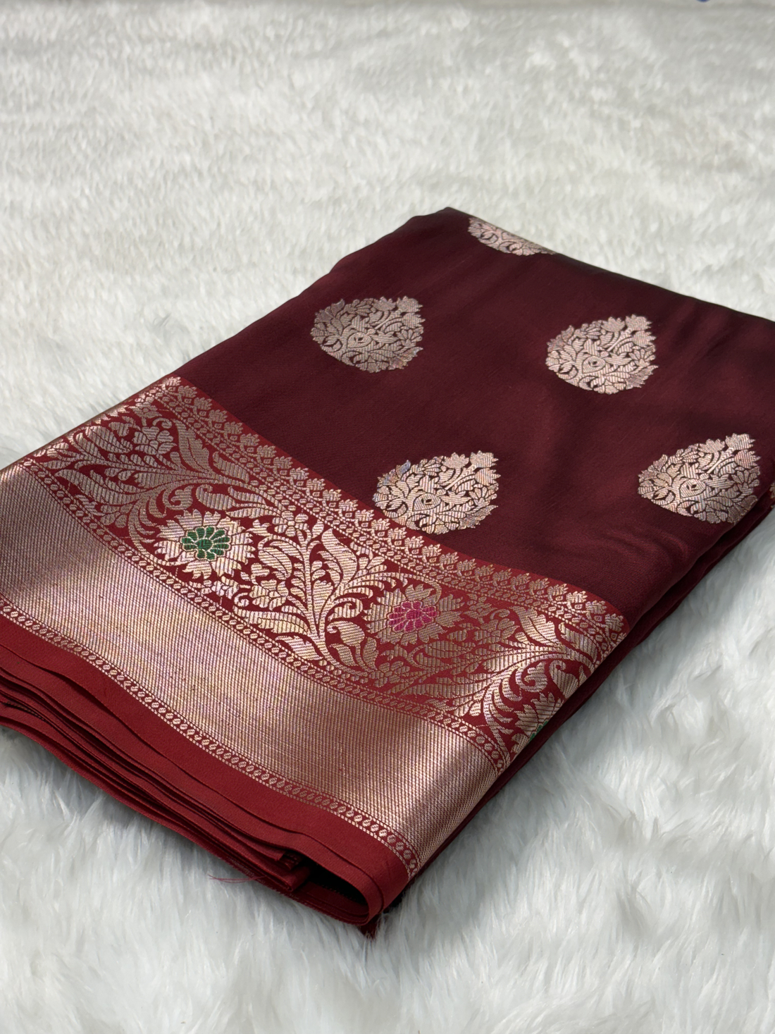 Deep Wine Red Banarasi Buta Katan Silk Saree with Minakari Borde