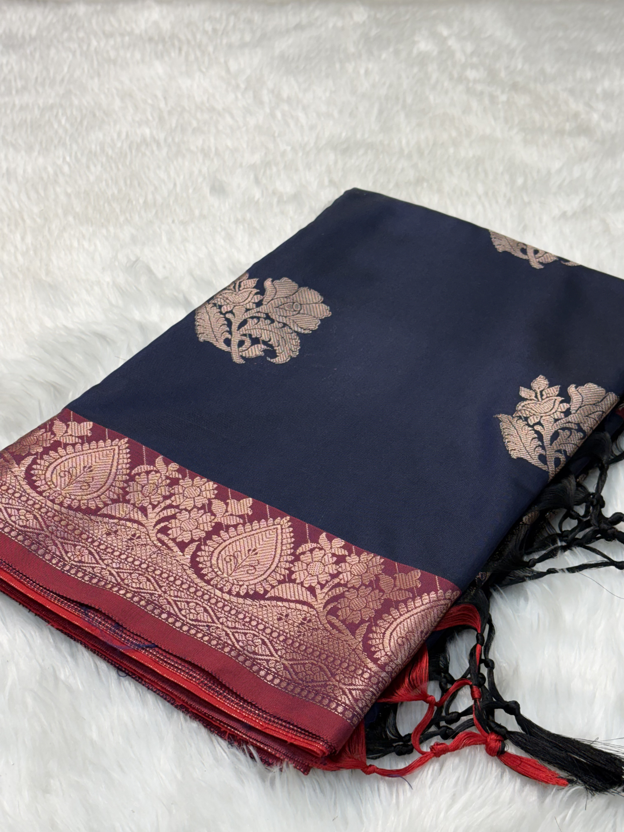 Midnight Navy Blue Soft Banarasi Katan Silk Buta Saree