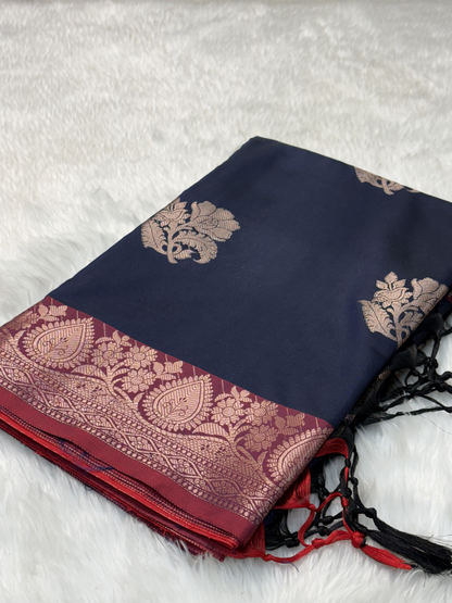 Midnight Navy Blue Soft Banarasi Katan Silk Buta Saree