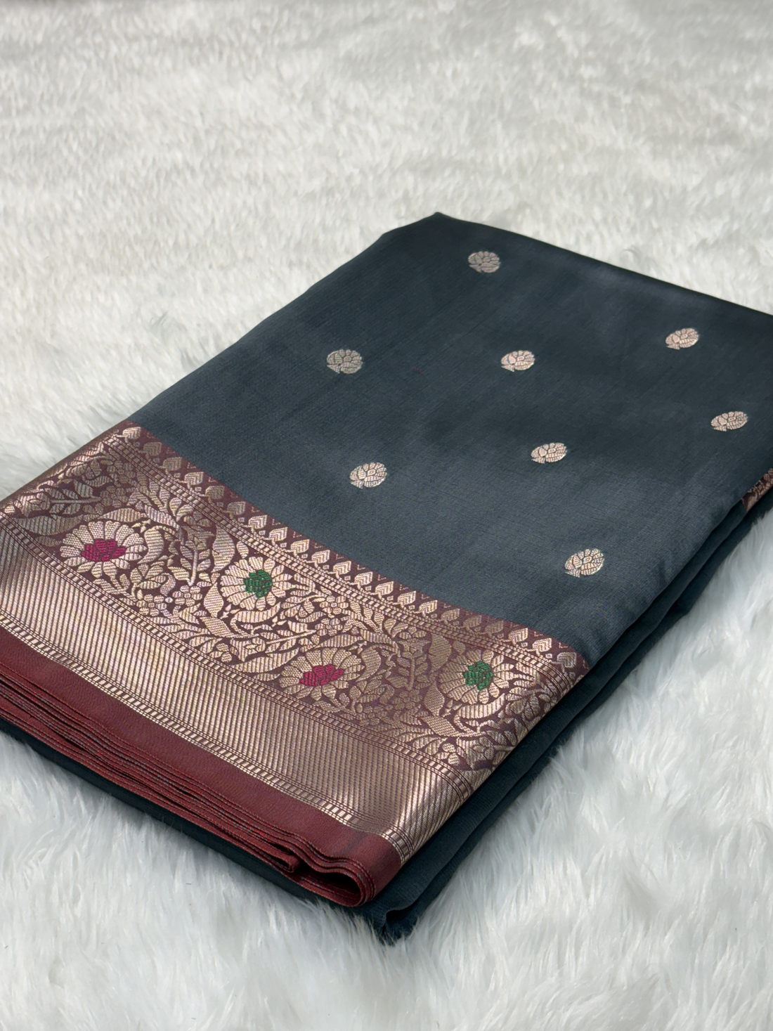 Smoky Steel Blue Banarasi Minakari Border Katan Silk Buti Weaving Saree