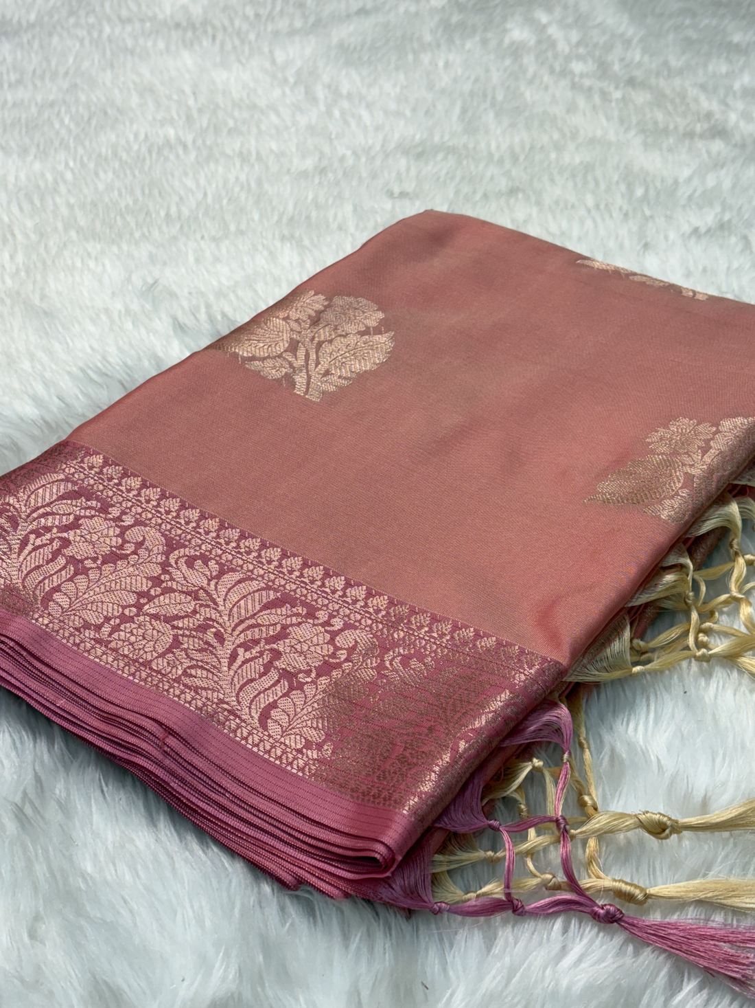 Dusty Rose Pink Soft Banarasi Katan Silk Buta Weaving Saree