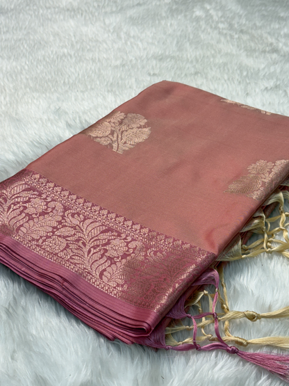 Dusty Rose Pink Soft Banarasi Katan Silk Buta Weaving Saree