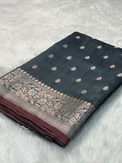 Smoky Slate Blue Katan Silk Banarasi Buti Saree