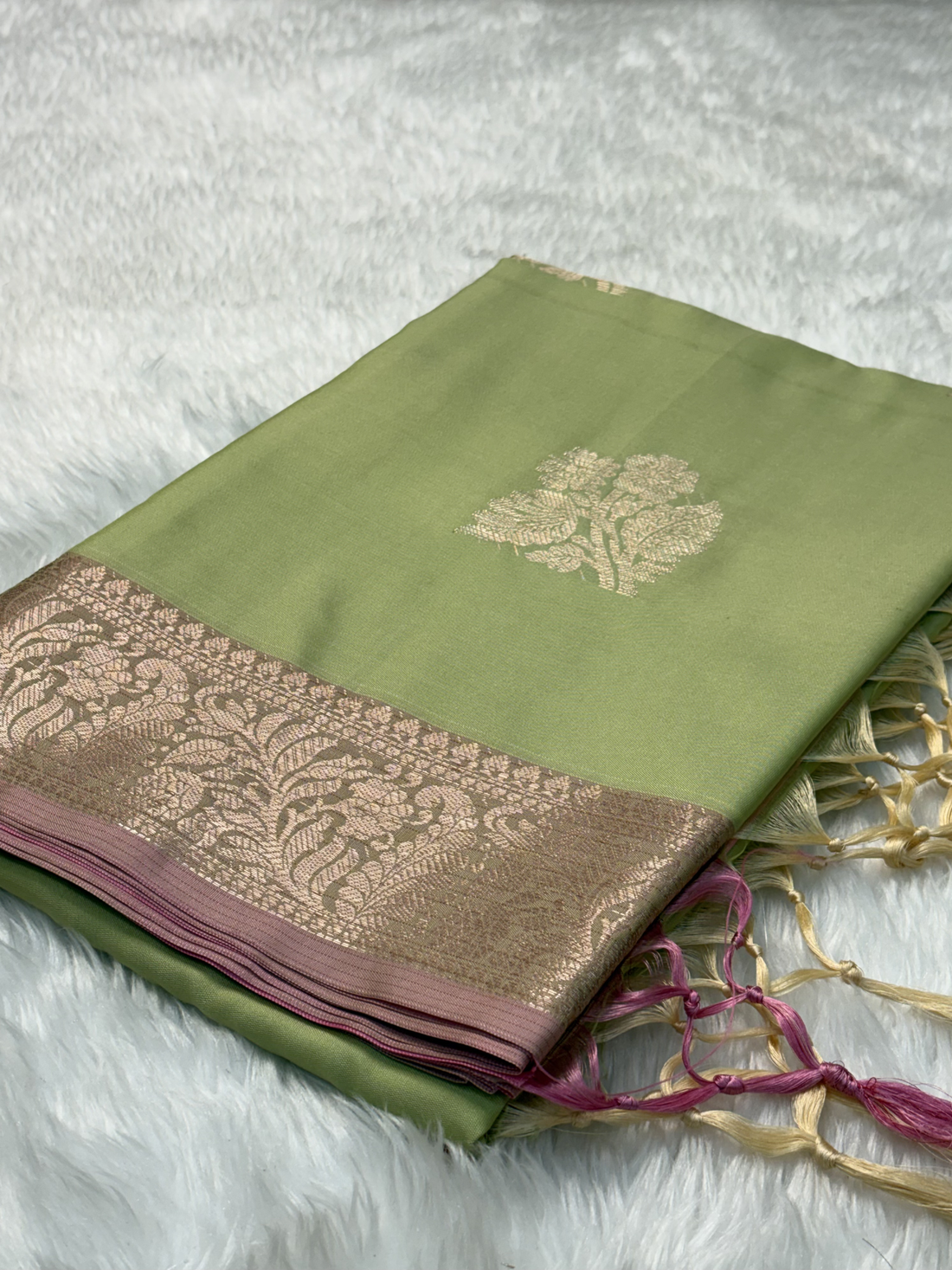 Olive Sage Green Soft Banarasi Katan Silk Buta Weaving Saree