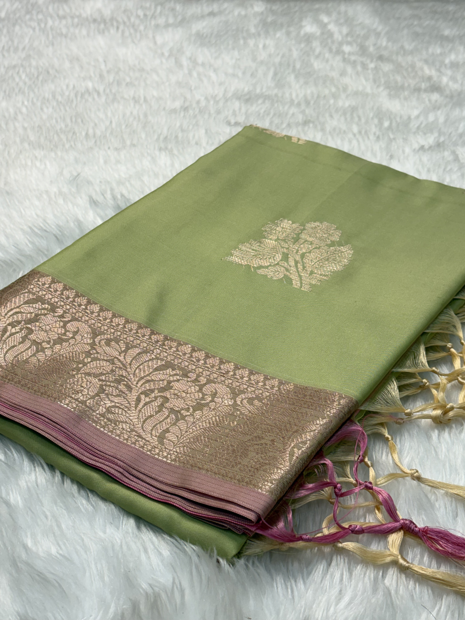 Olive Sage Green Soft Banarasi Katan Silk Buta Weaving Saree