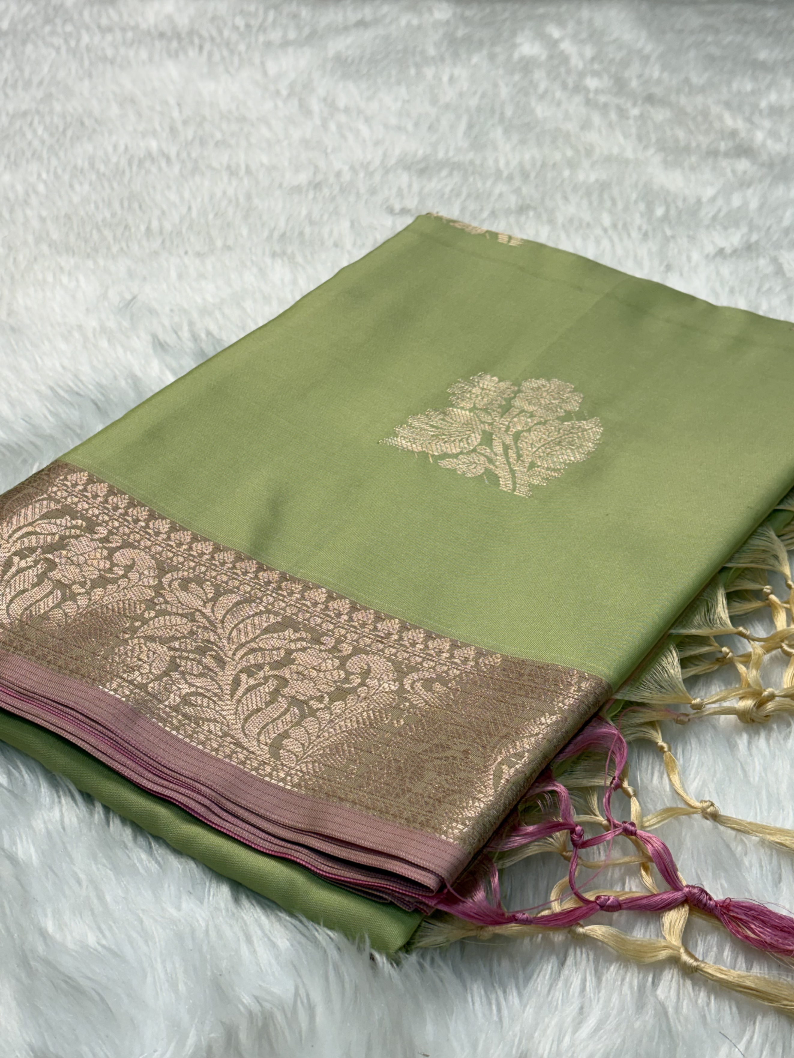 Olive Sage Green Soft Banarasi Katan Silk Buta Weaving Saree