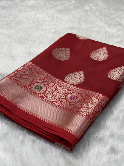 Royal Crimson Red Banarasi Buta Katan Silk Saree with Minakari Border