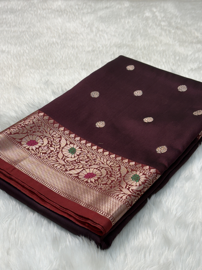 Antique Wine Purple Banarasi Minakari Border Katan Silk Buti Weaving Saree