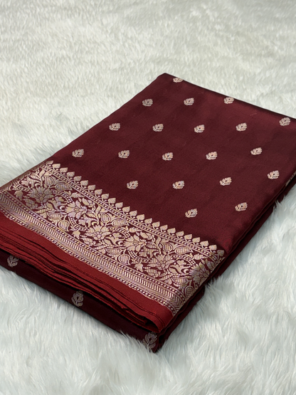 Deep Merlot Red Katan Silk Banarasi Buti Saree