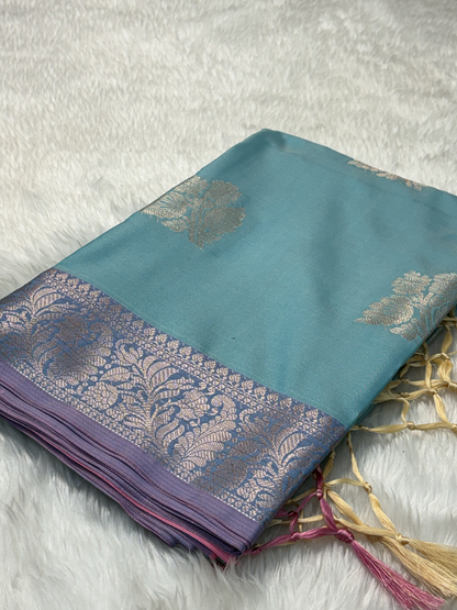 Aqua Mist Blue Soft Banarasi Katan Silk Buta Weaving Saree