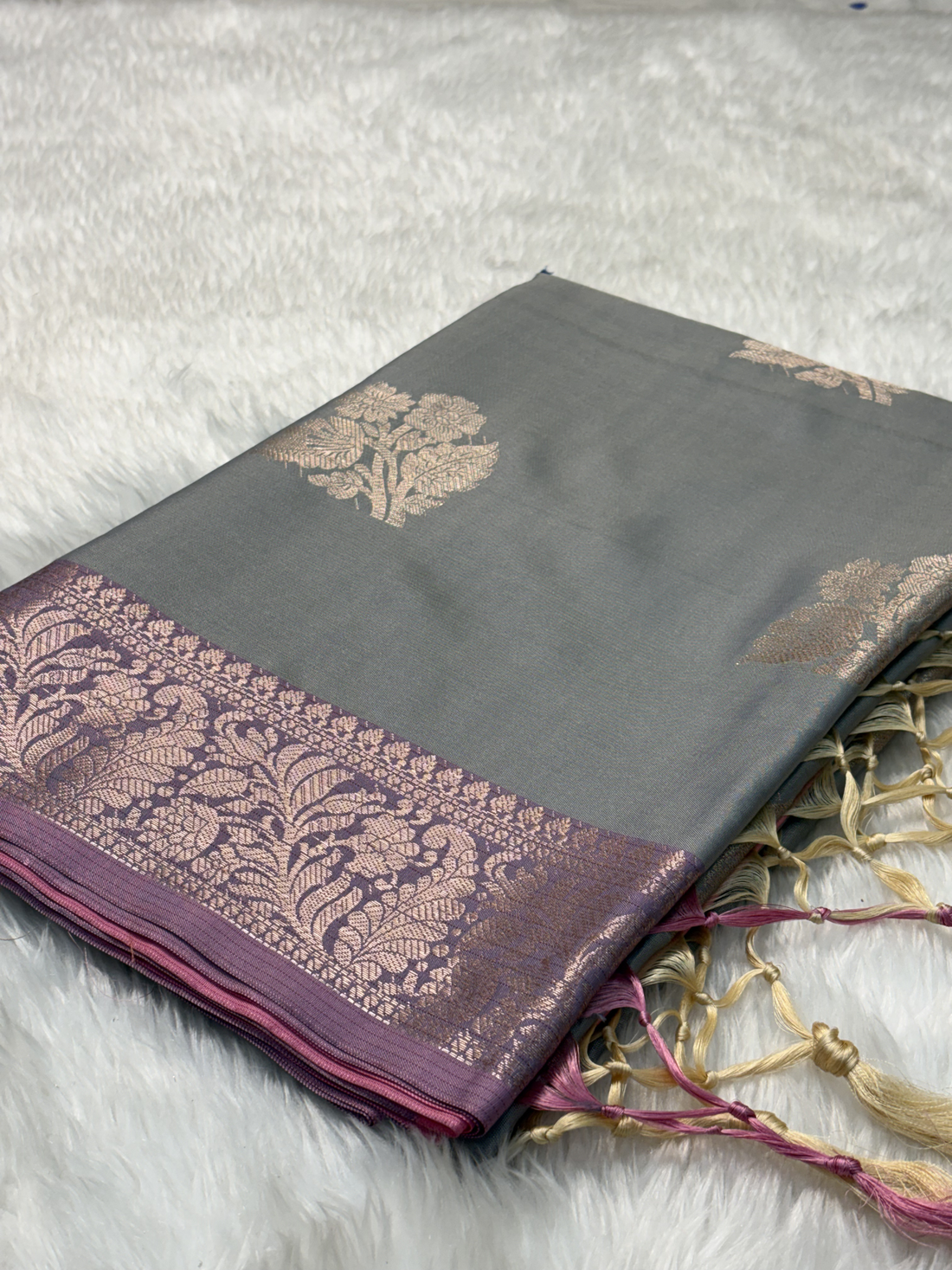 Smoky Ash Grey Soft Banarasi Katan Silk Buta Weaving Saree