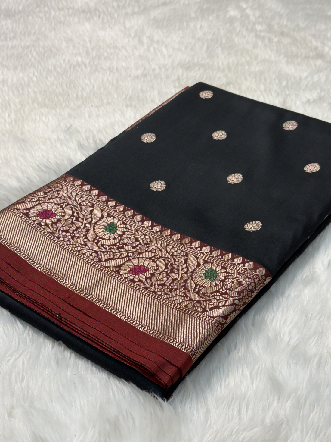 Midnight Charcoal Black Banarasi Minakari Border Katan Silk Buti Weaving Saree