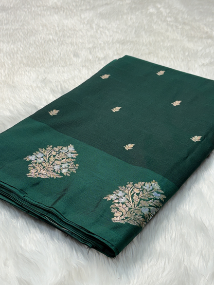 Emerald Teal Green Banarasi Katan Silk Saree with Satin Border