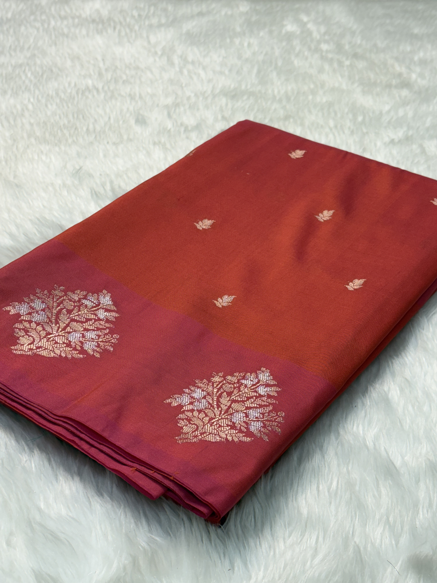 Sunset Rust Orange Banarasi Katan Silk Saree with Satin Border