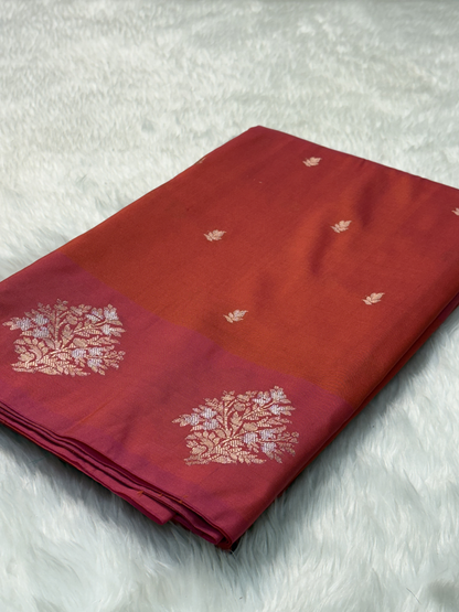Sunset Rust Orange Banarasi Katan Silk Saree with Satin Border