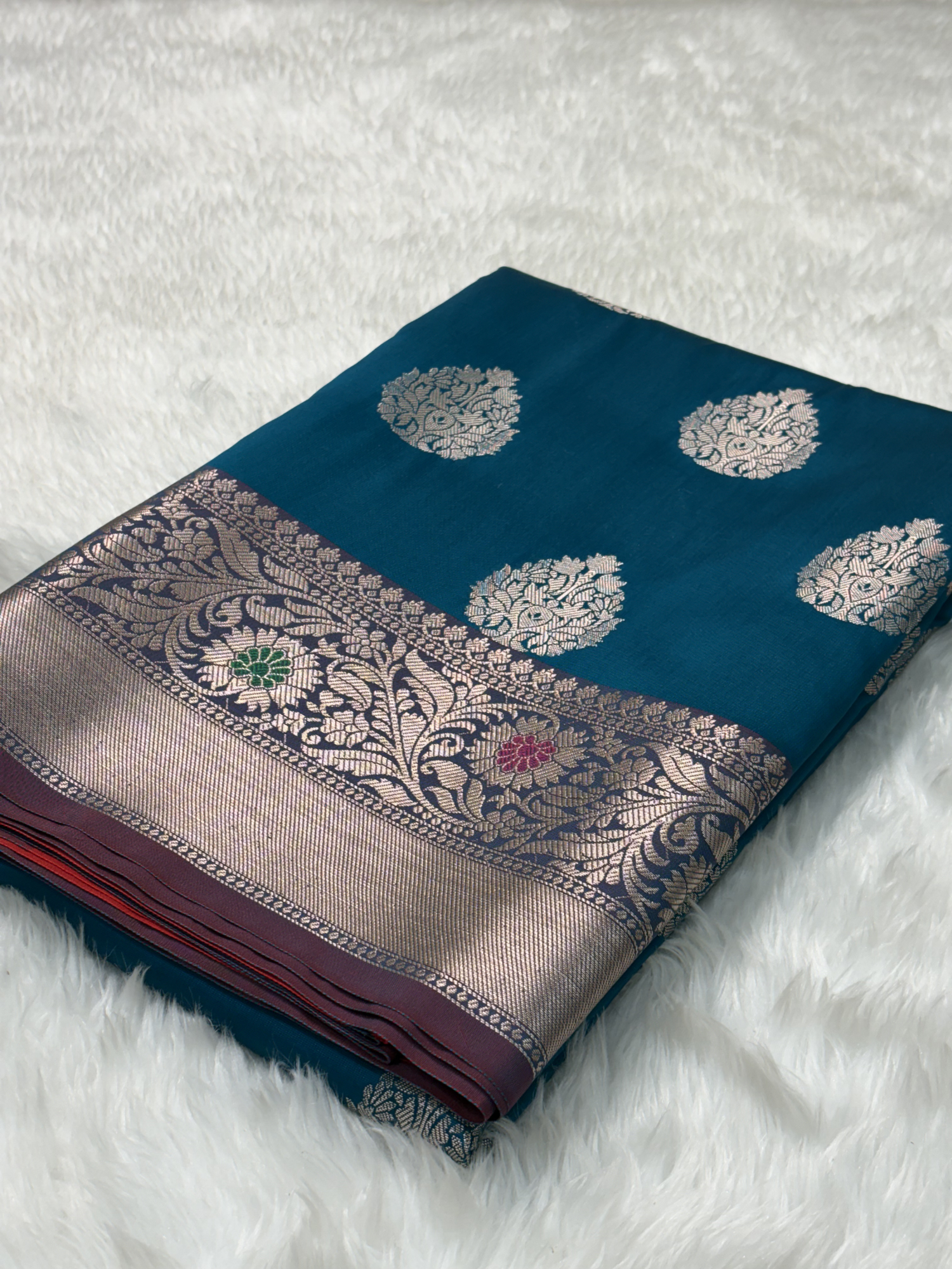 Royal Teal Blue Banarasi Buta Katan Silk Saree with Minakari Border
