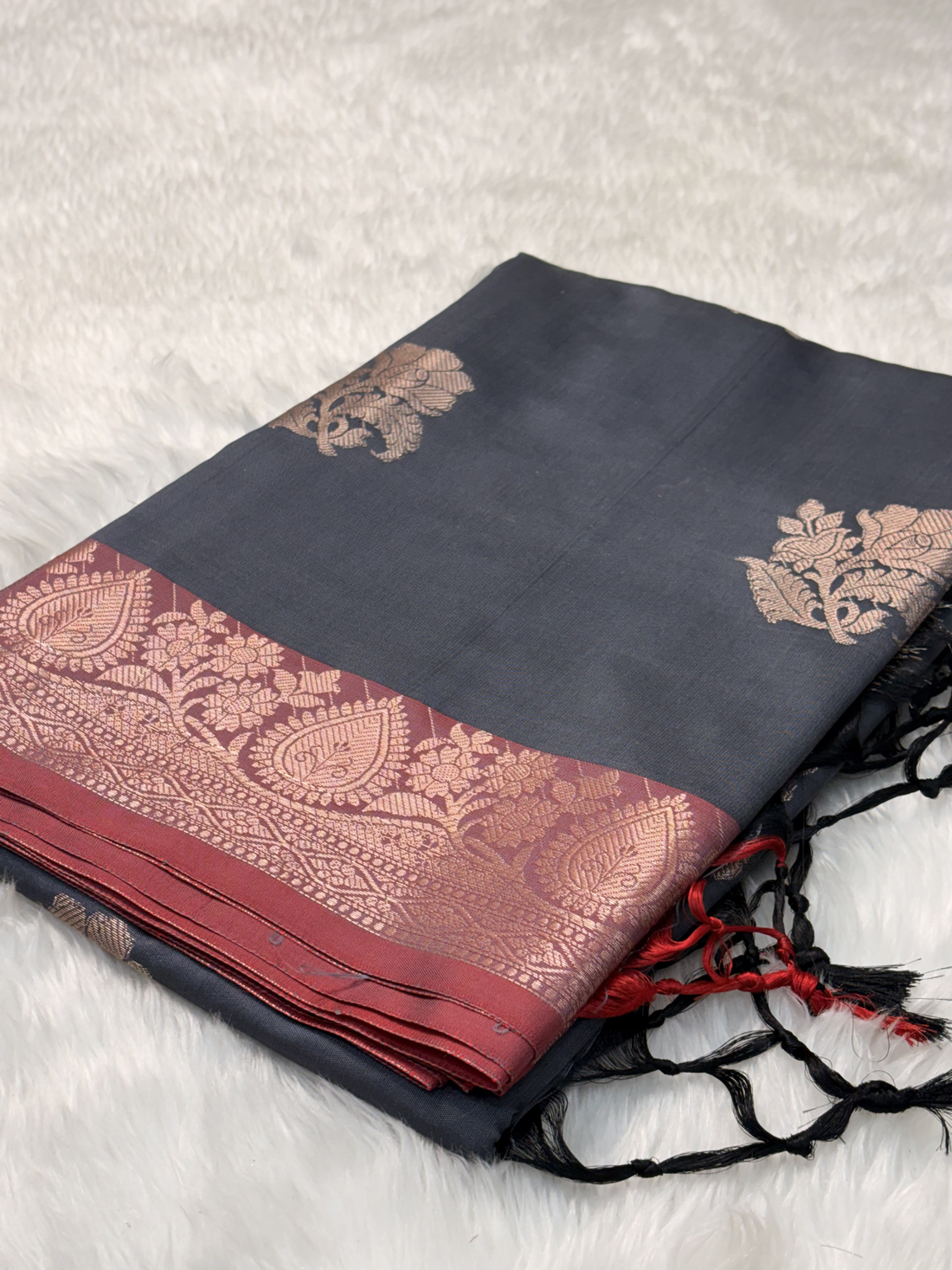 Smoky Slate Grey Soft Banarasi Katan Silk Buta Saree