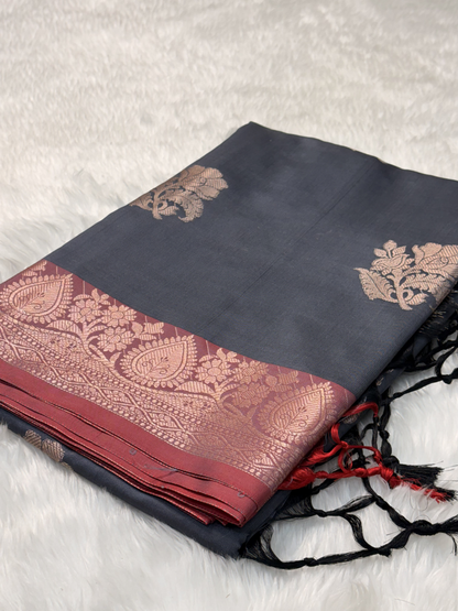 Smoky Slate Grey Soft Banarasi Katan Silk Buta Saree