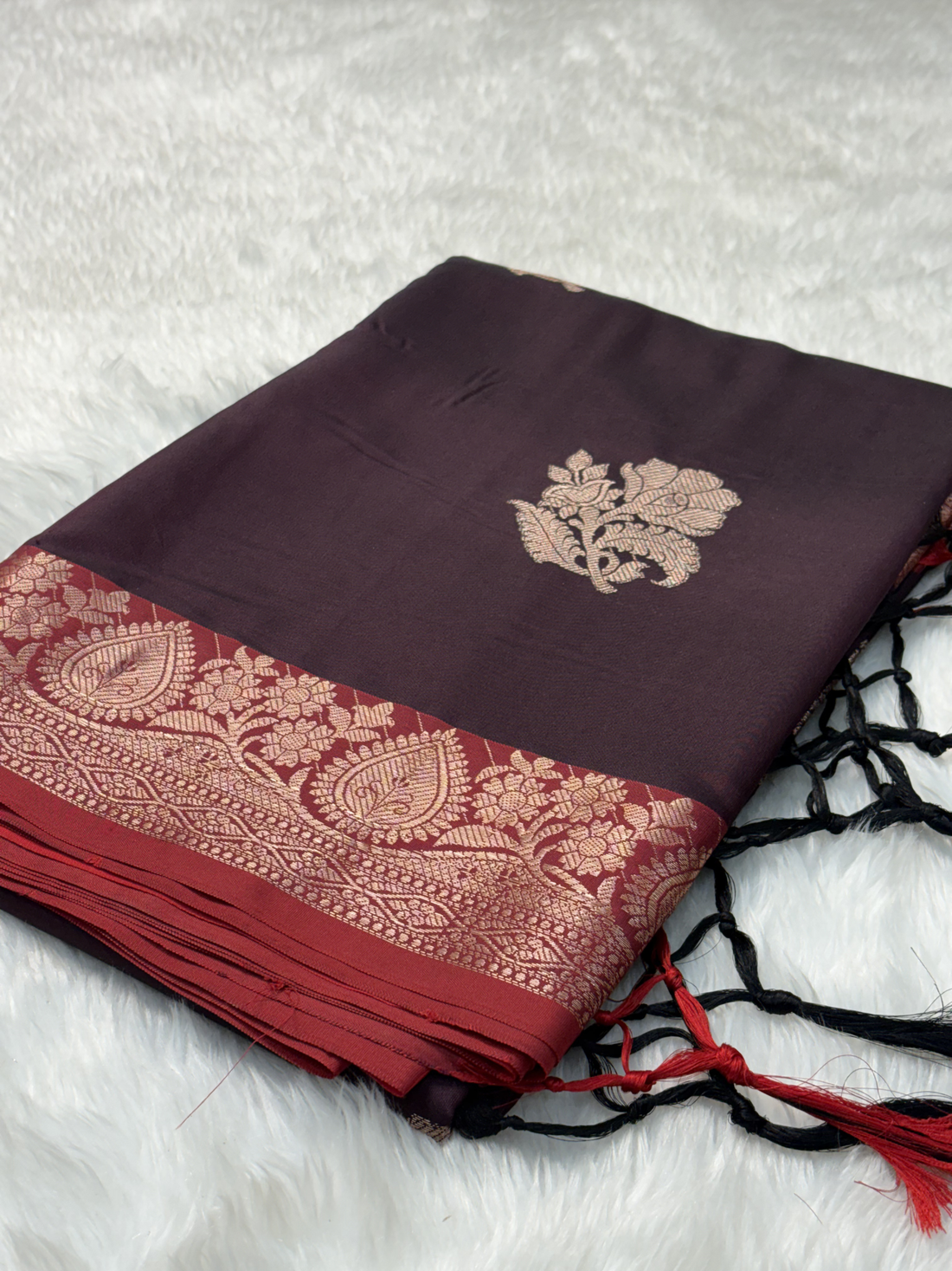 Deep Cocoa Brown Soft Banarasi Katan Silk Buta Saree