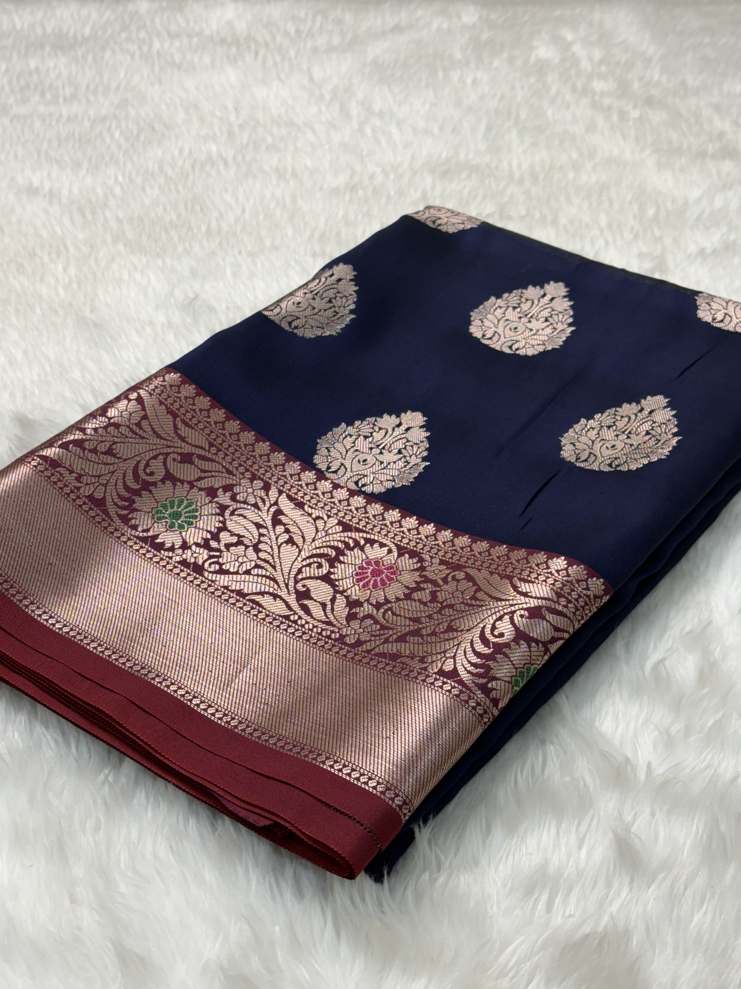 Royal Navy Blue Banarasi Buta Katan Silk Saree with Minakari Border