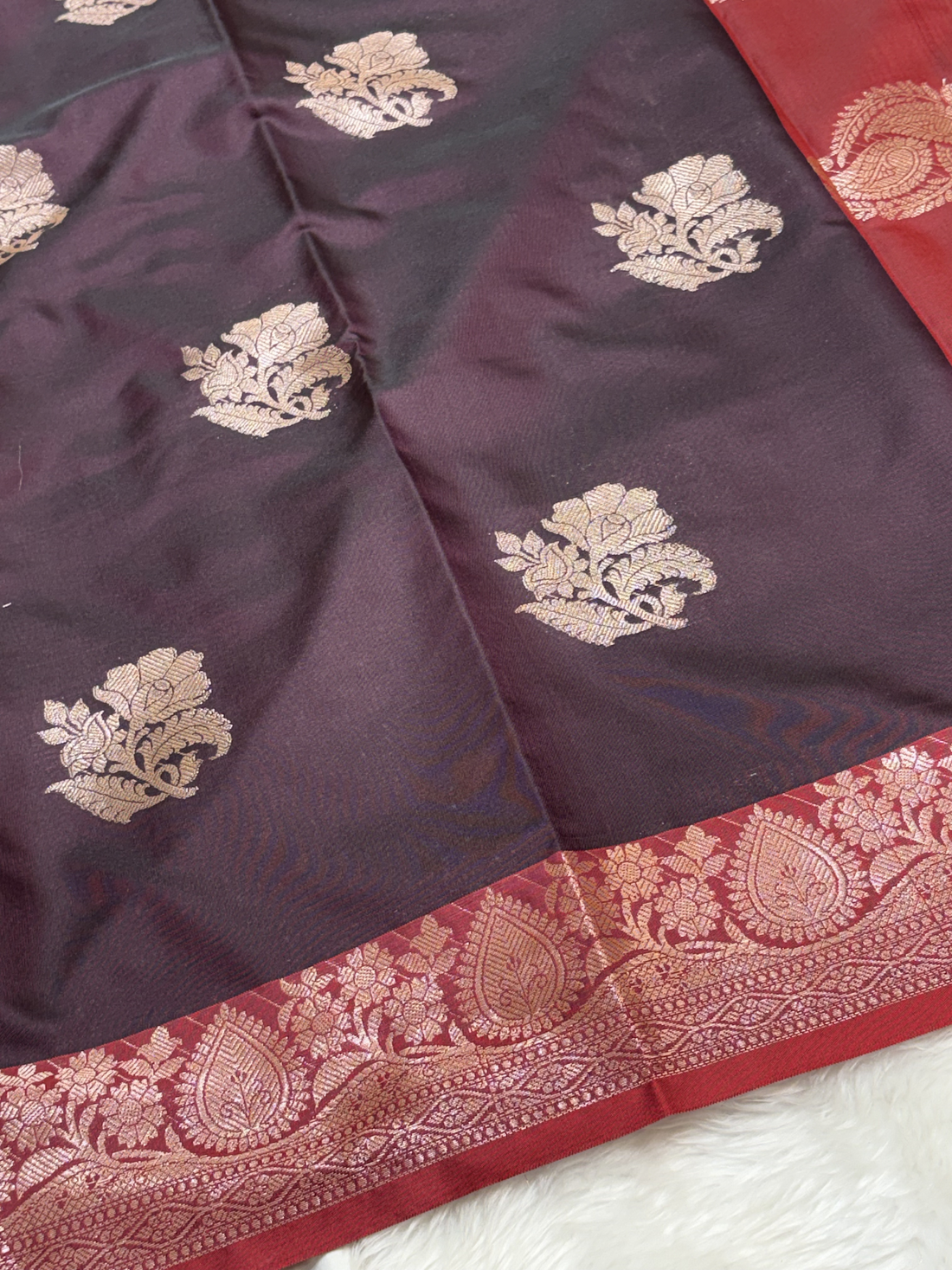 Deep Cocoa Brown Soft Banarasi Katan Silk Buta Saree