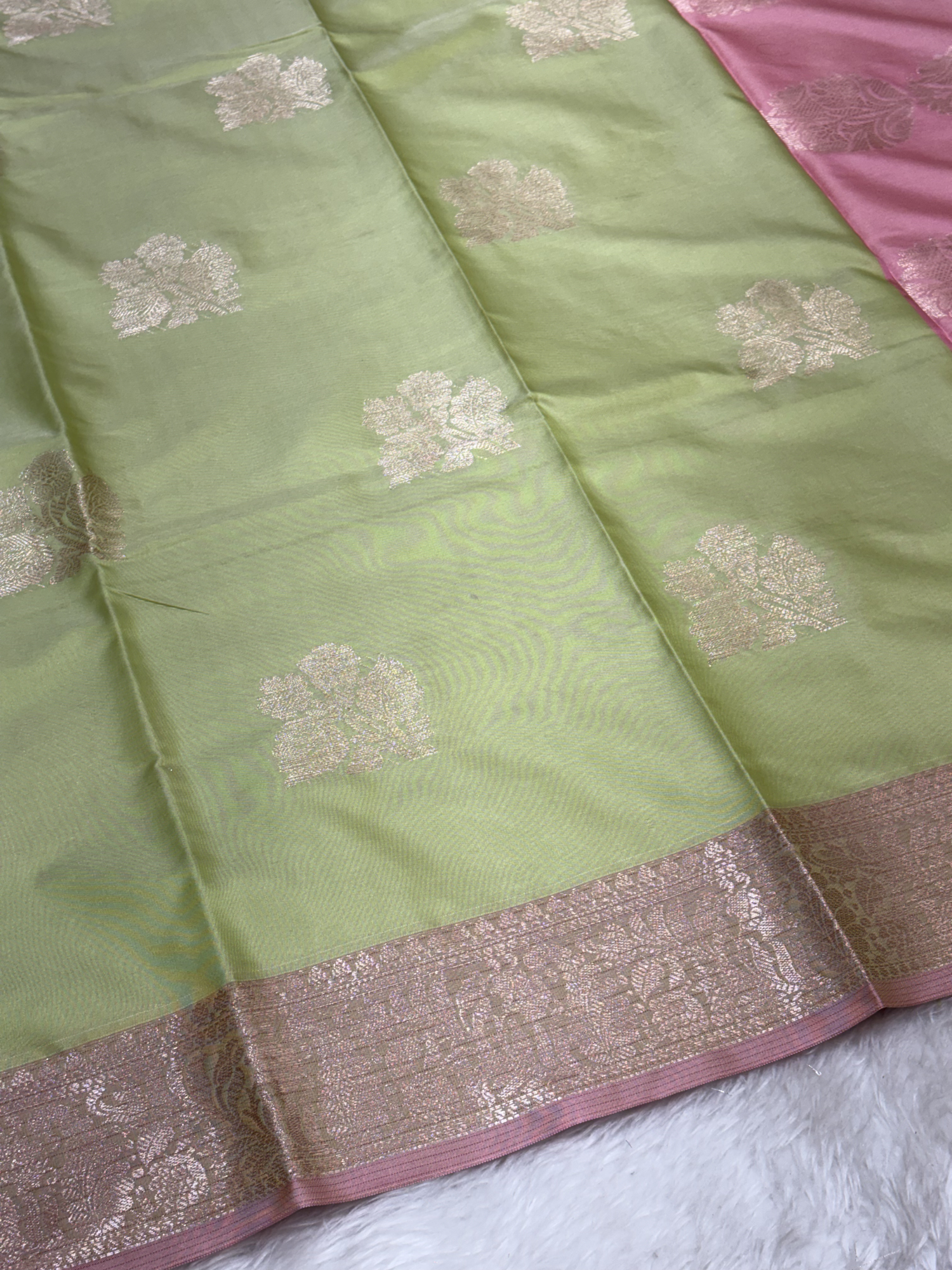Olive Sage Green Soft Banarasi Katan Silk Buta Weaving Saree