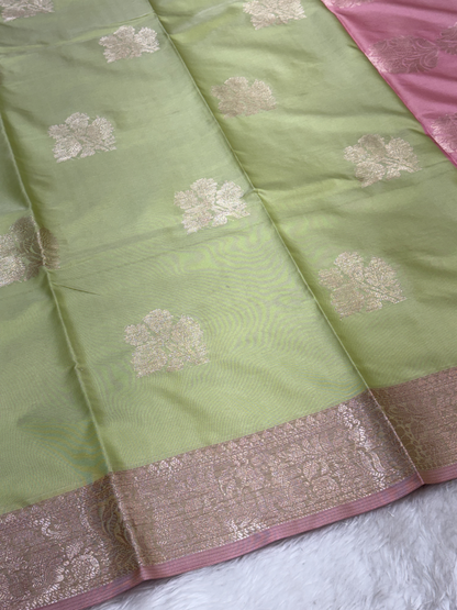 Olive Sage Green Soft Banarasi Katan Silk Buta Weaving Saree