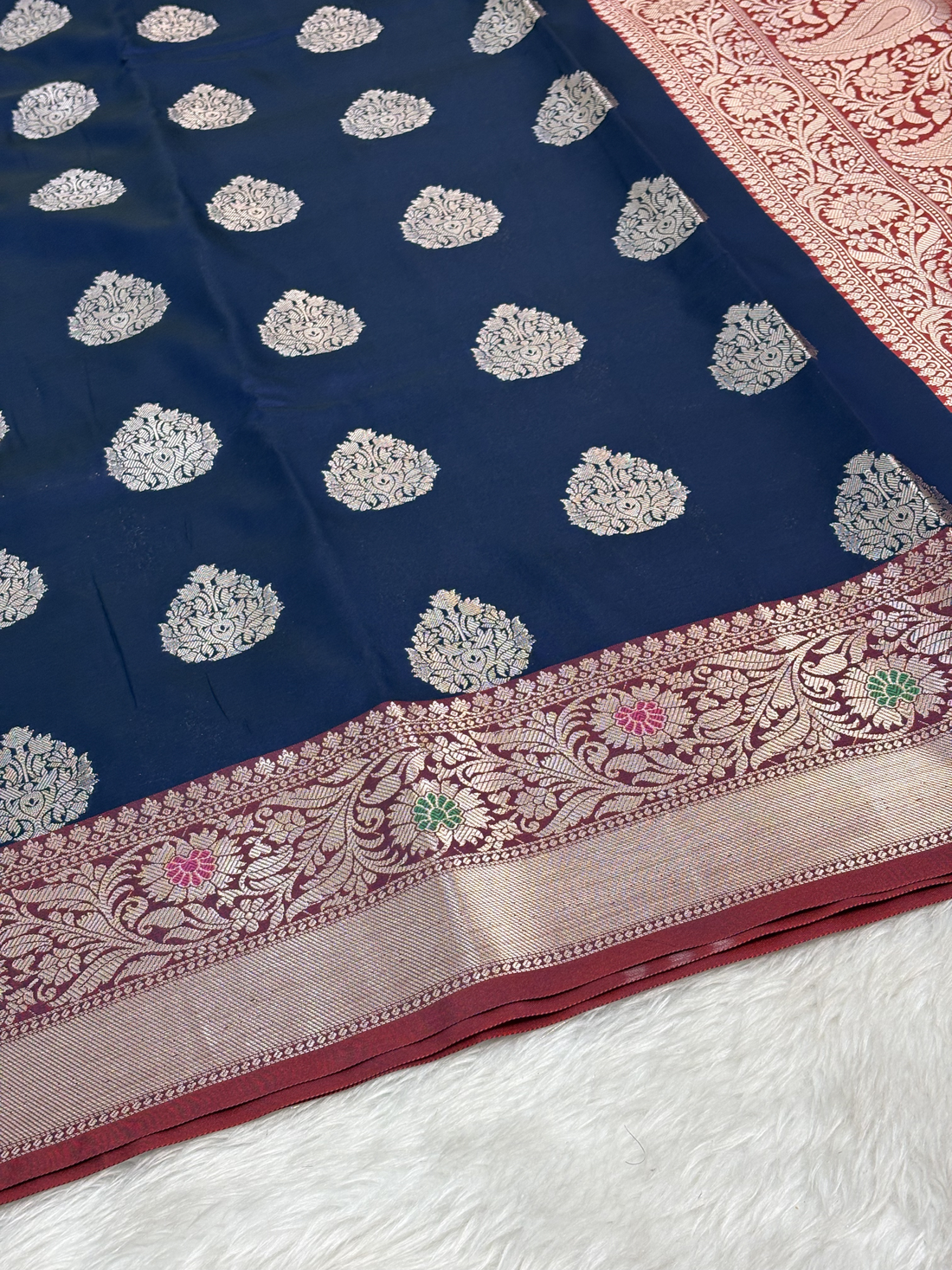Royal Navy Blue Banarasi Buta Katan Silk Saree with Minakari Border