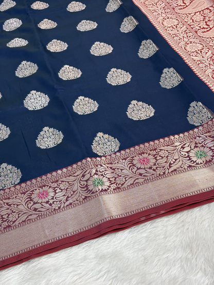 Royal Navy Blue Banarasi Buta Katan Silk Saree with Minakari Border