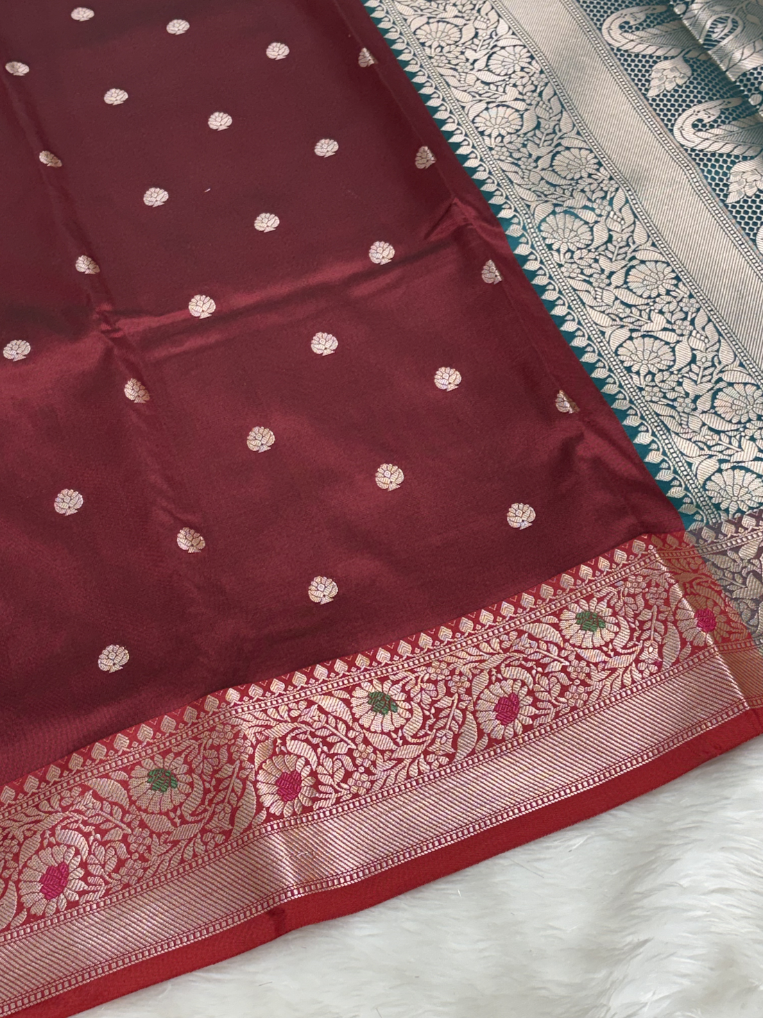 Vintage Ruby Red Banarasi Minakari Border Katan Silk Buti Weaving Saree