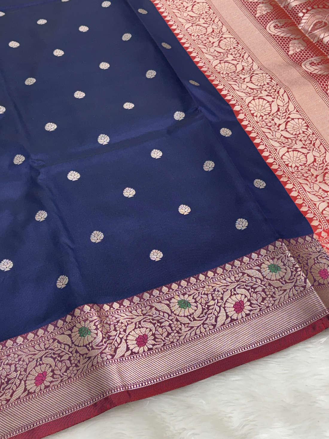 Imperial Sapphire Blue Banarasi Minakari Border Katan Silk Buti Weaving Saree