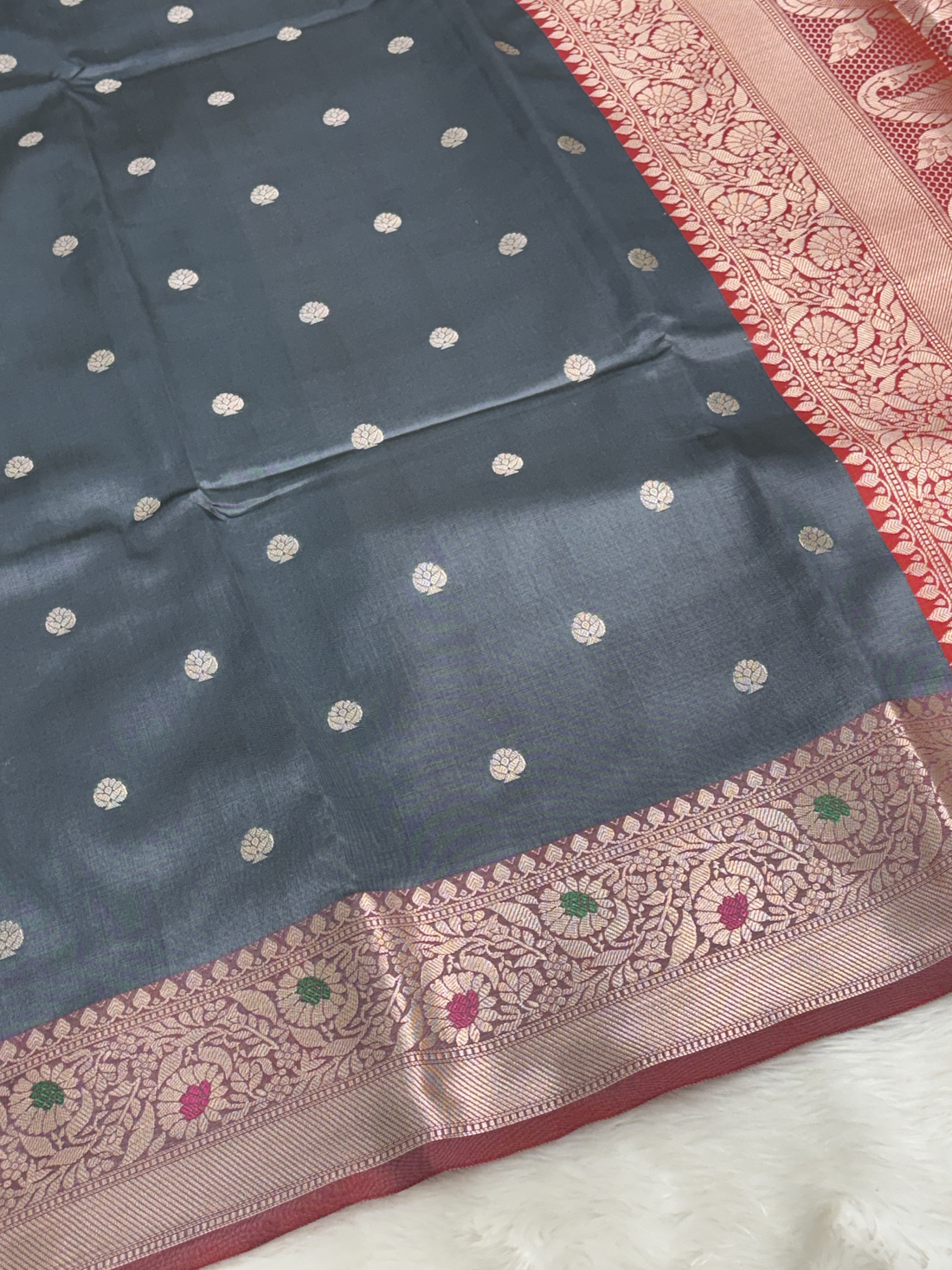 Smoky Steel Blue Banarasi Minakari Border Katan Silk Buti Weaving Saree