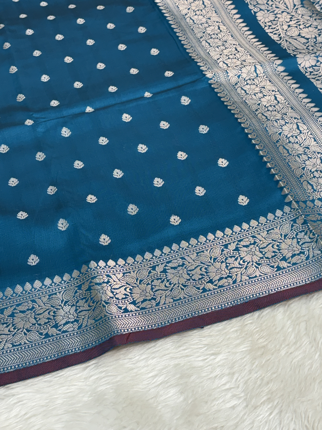 Teal Blue Katan Silk Banarasi Buti Saree