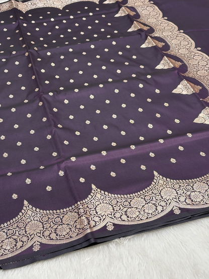 Dark Cocoa Brown Scallops Border Banarasi Katan Buti Saree