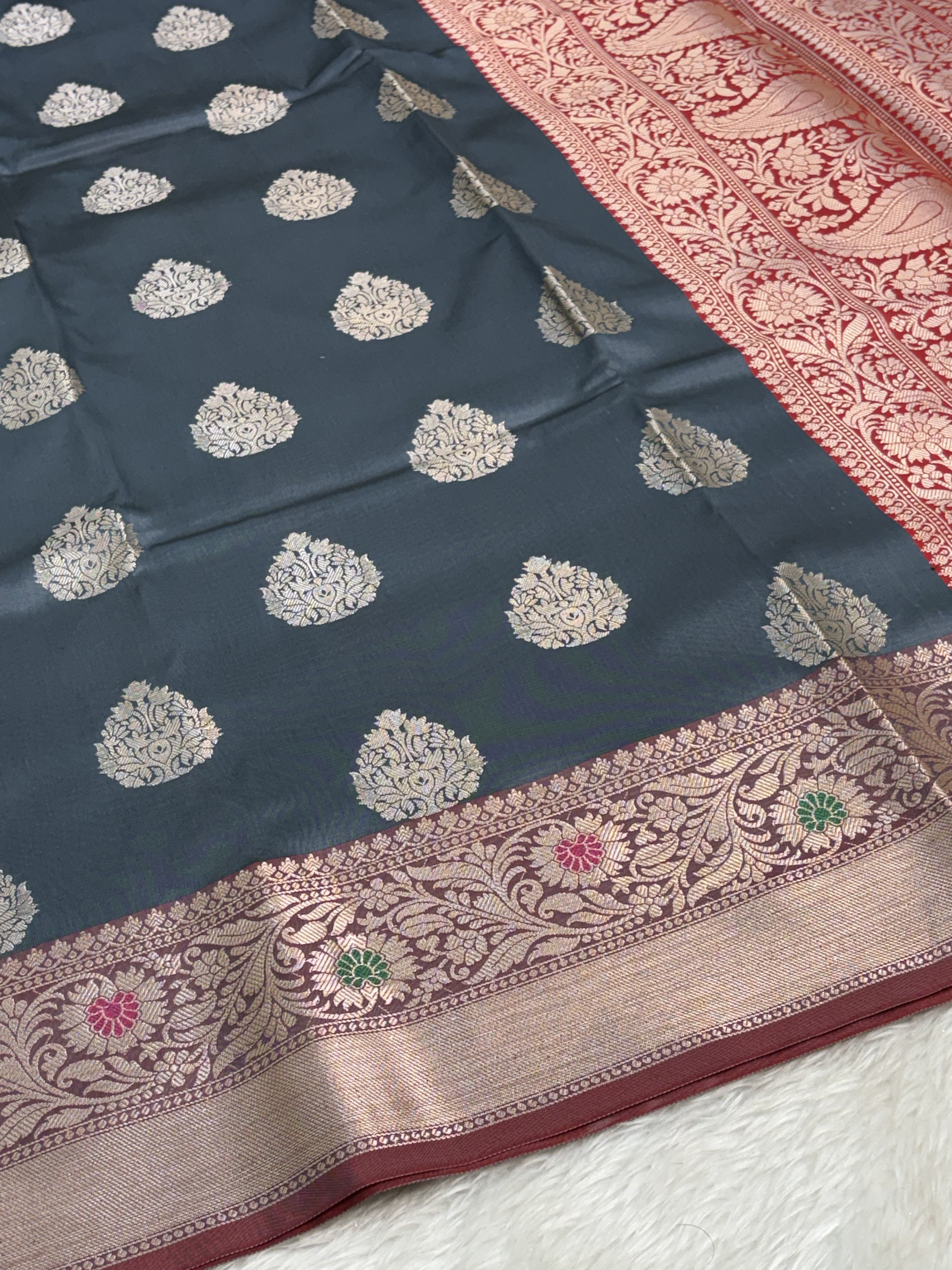 Steel Grey Banarasi Buta Katan Silk Saree with Minakari Border