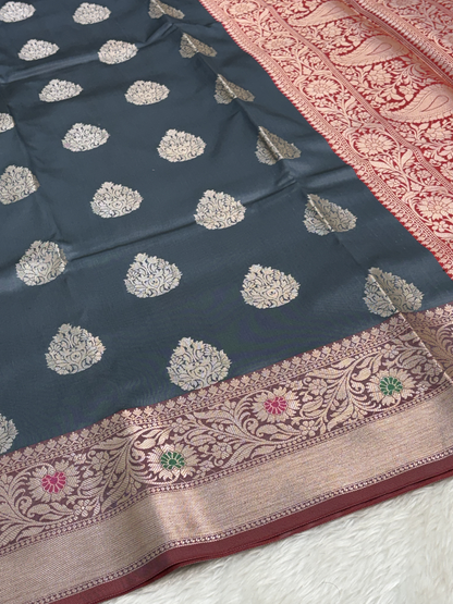 Steel Grey Banarasi Buta Katan Silk Saree with Minakari Border