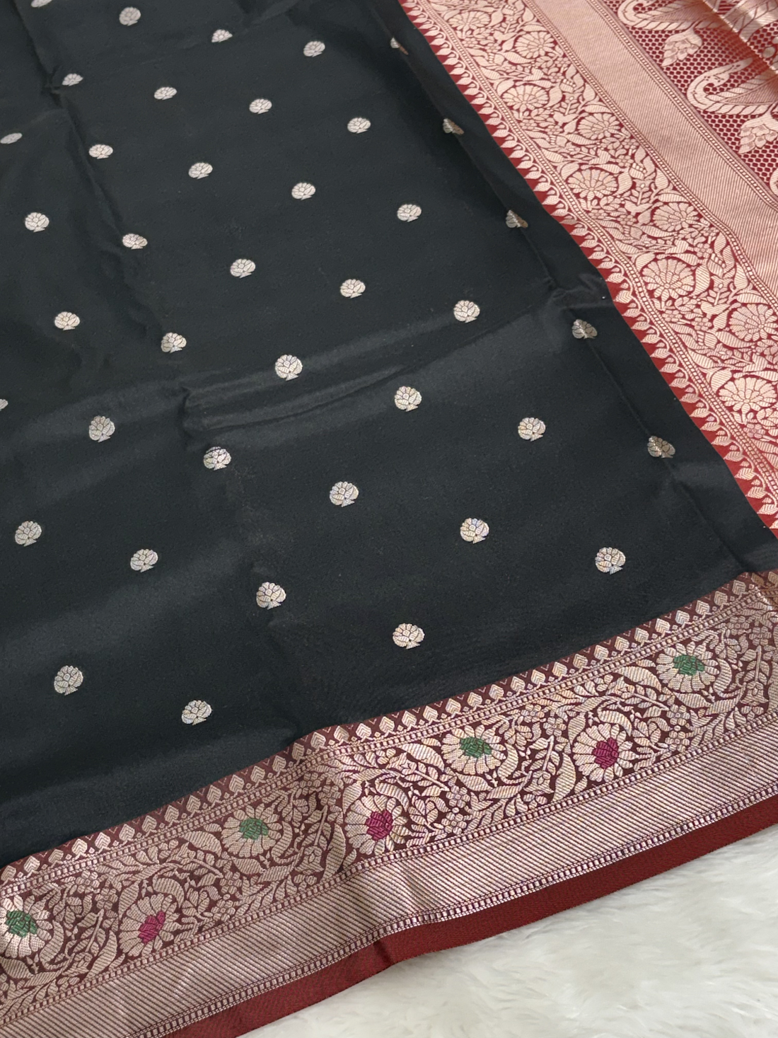 Midnight Charcoal Black Banarasi Minakari Border Katan Silk Buti Weaving Saree