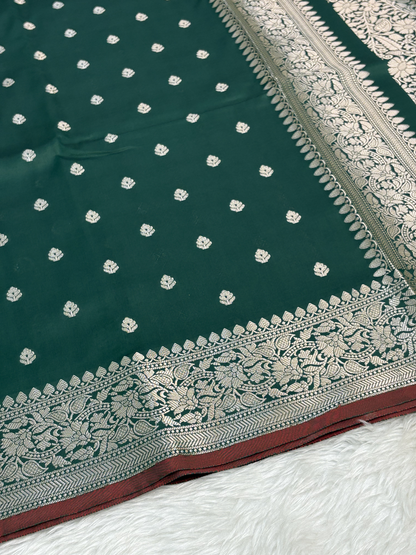 Forest Emerald Green Katan Silk Banarasi Buti Saree