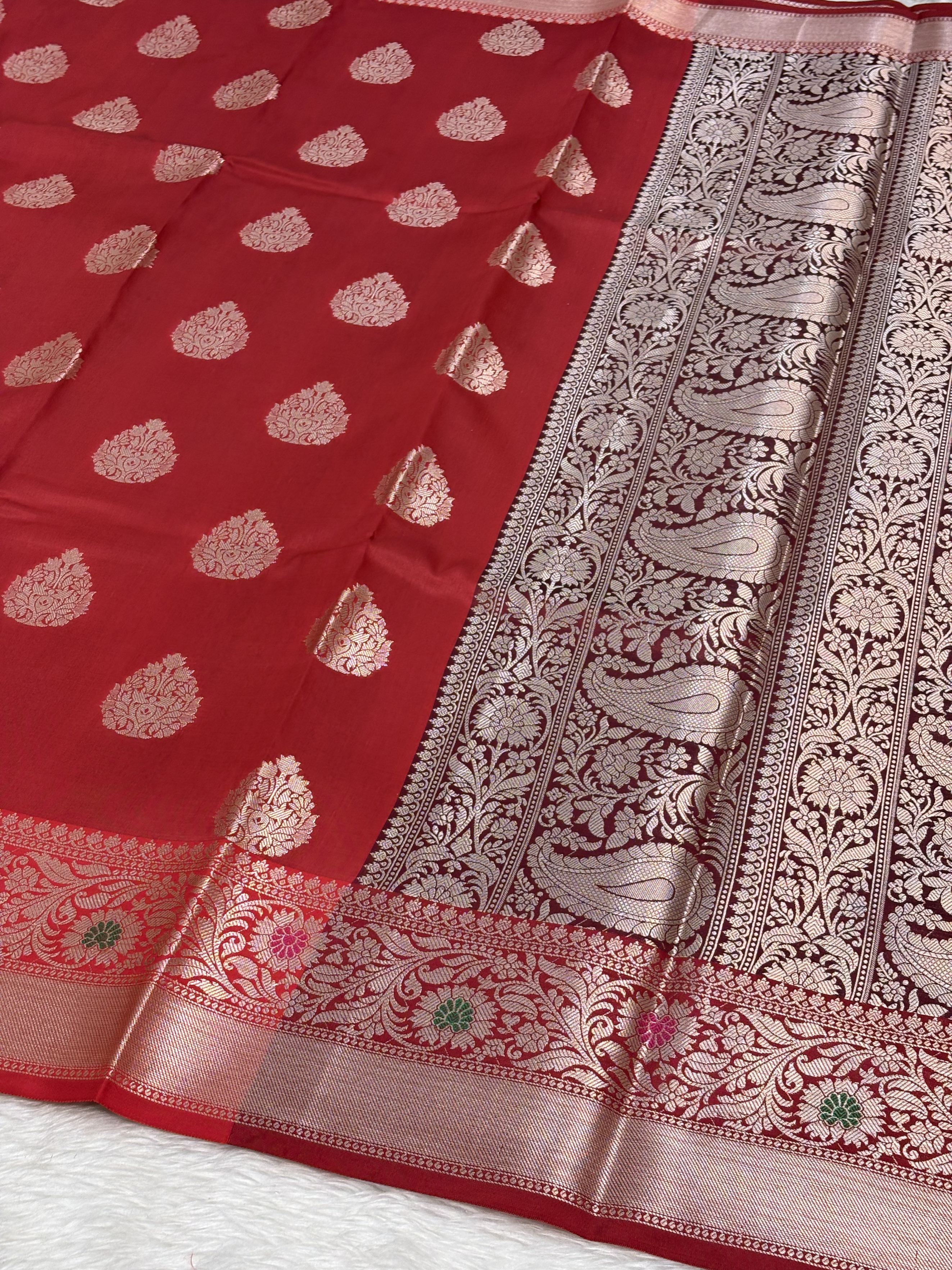 Royal Crimson Red Banarasi Buta Katan Silk Saree with Minakari Border
