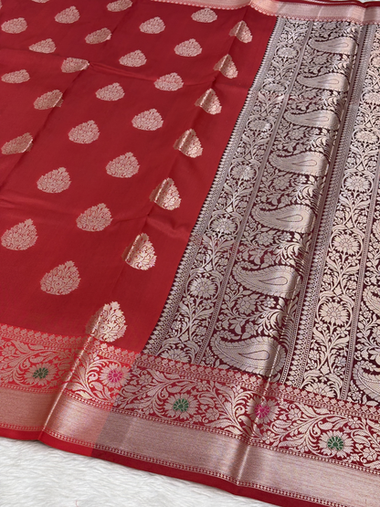 Royal Crimson Red Banarasi Buta Katan Silk Saree with Minakari Border