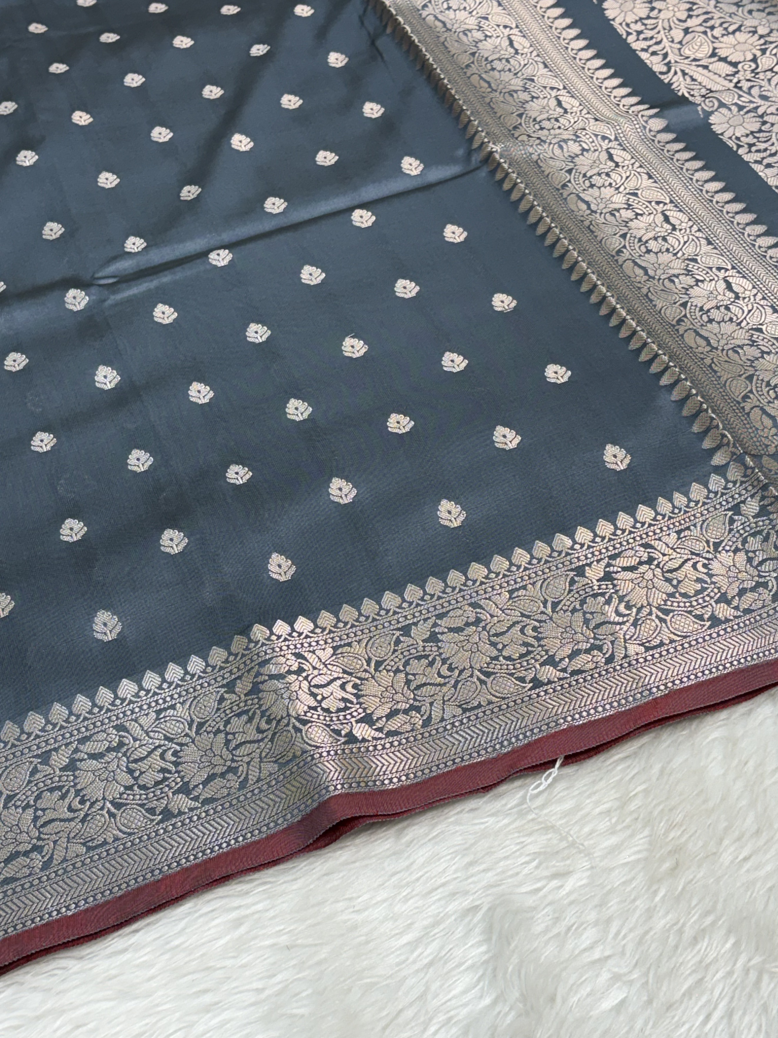 Smoky Slate Blue Katan Silk Banarasi Buti Saree