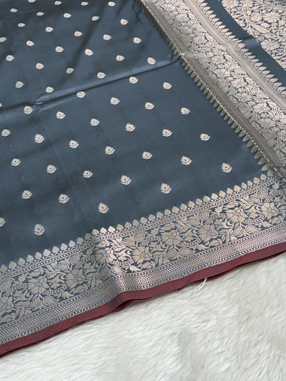 Smoky Slate Blue Katan Silk Banarasi Buti Saree